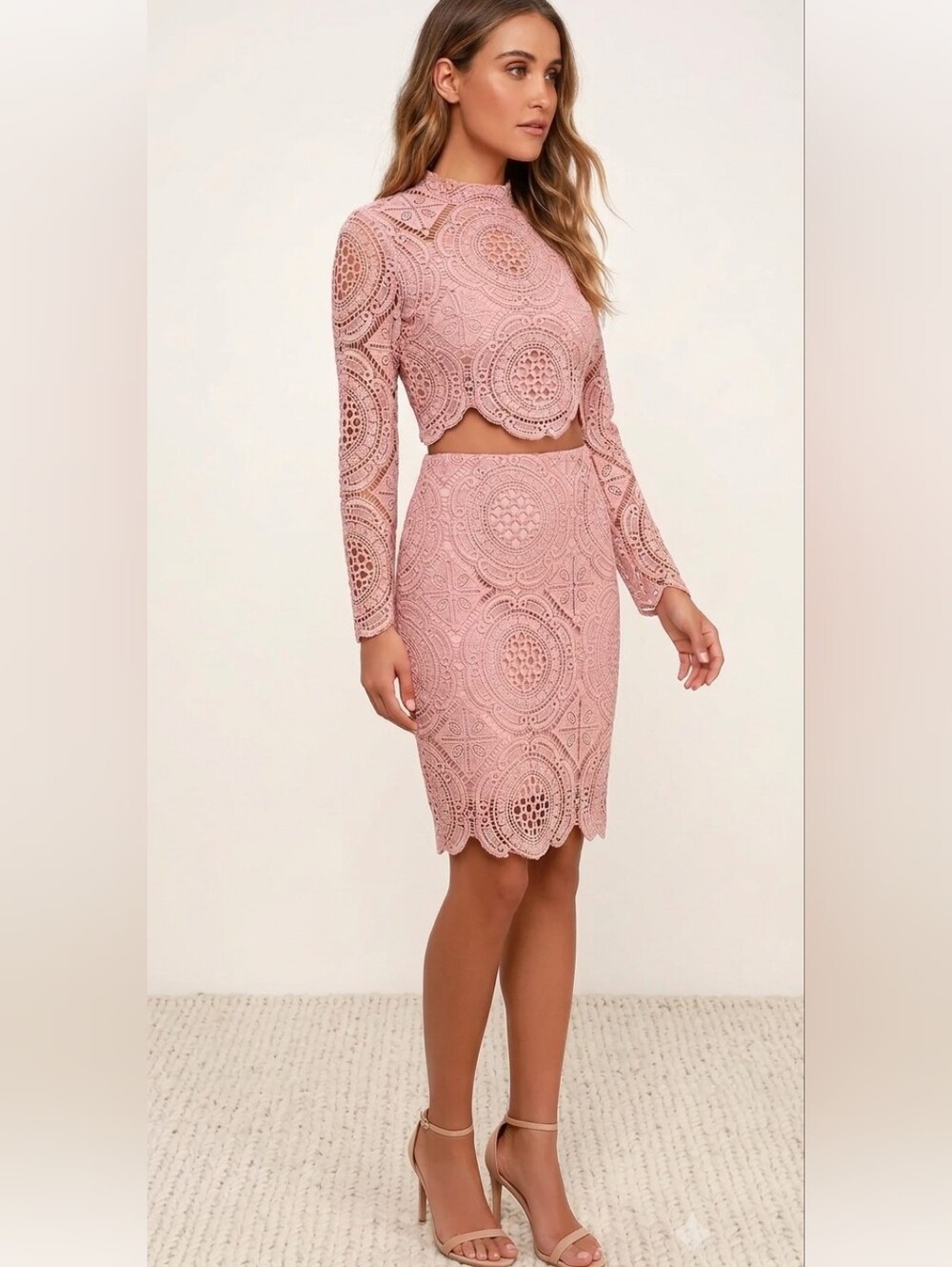 Lulu's Lace Long-Sleeve Crop Top and Pencil Skirt Set — Dusty Pink
